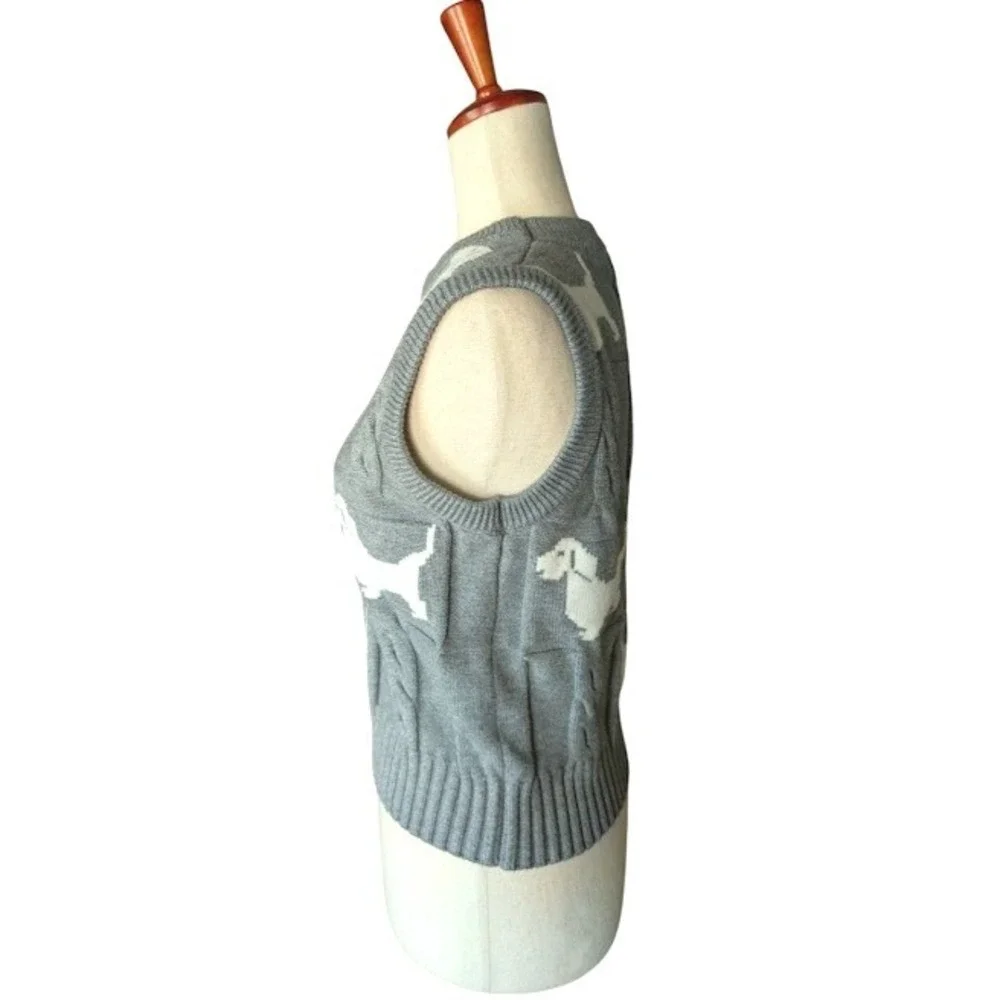 Grey Cable Knit Dachshund‎ Dog Sweater Vest Wool Blend Sleeveless Top Womens